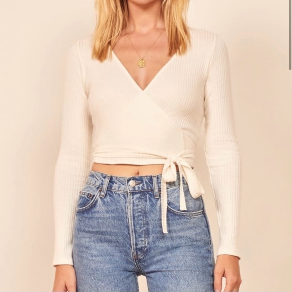 Reformation Petalo Long Sleeve Wrap Top Ribbed Knit Stretch Women's Size Medium